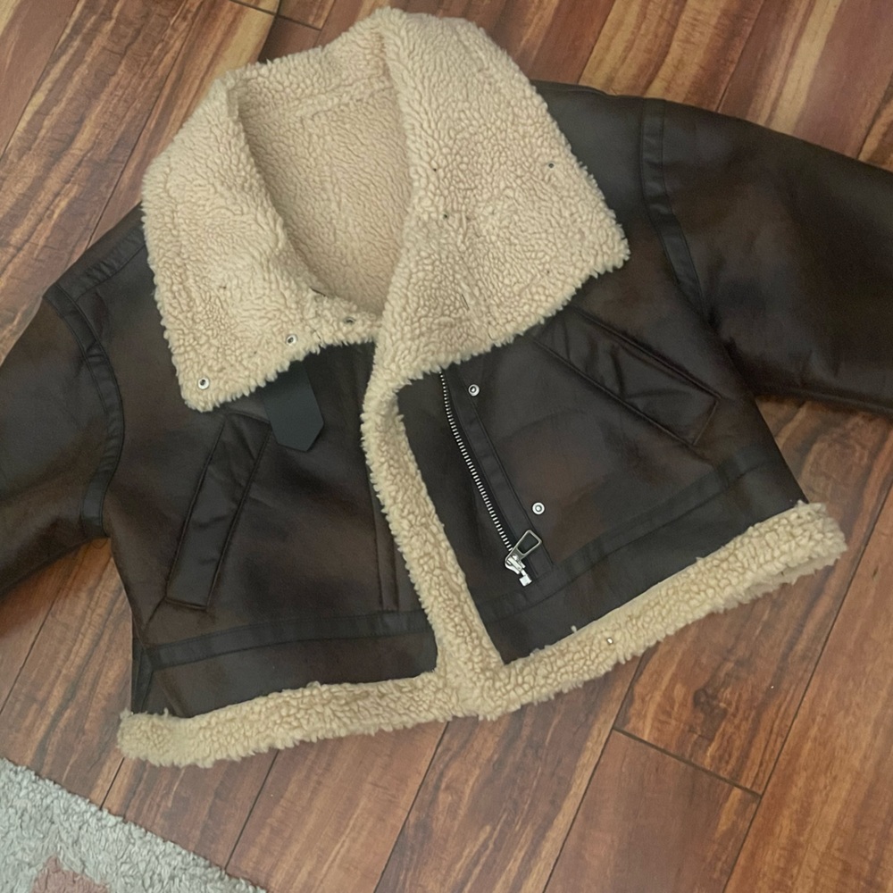 Brown leather Sherpa jacket